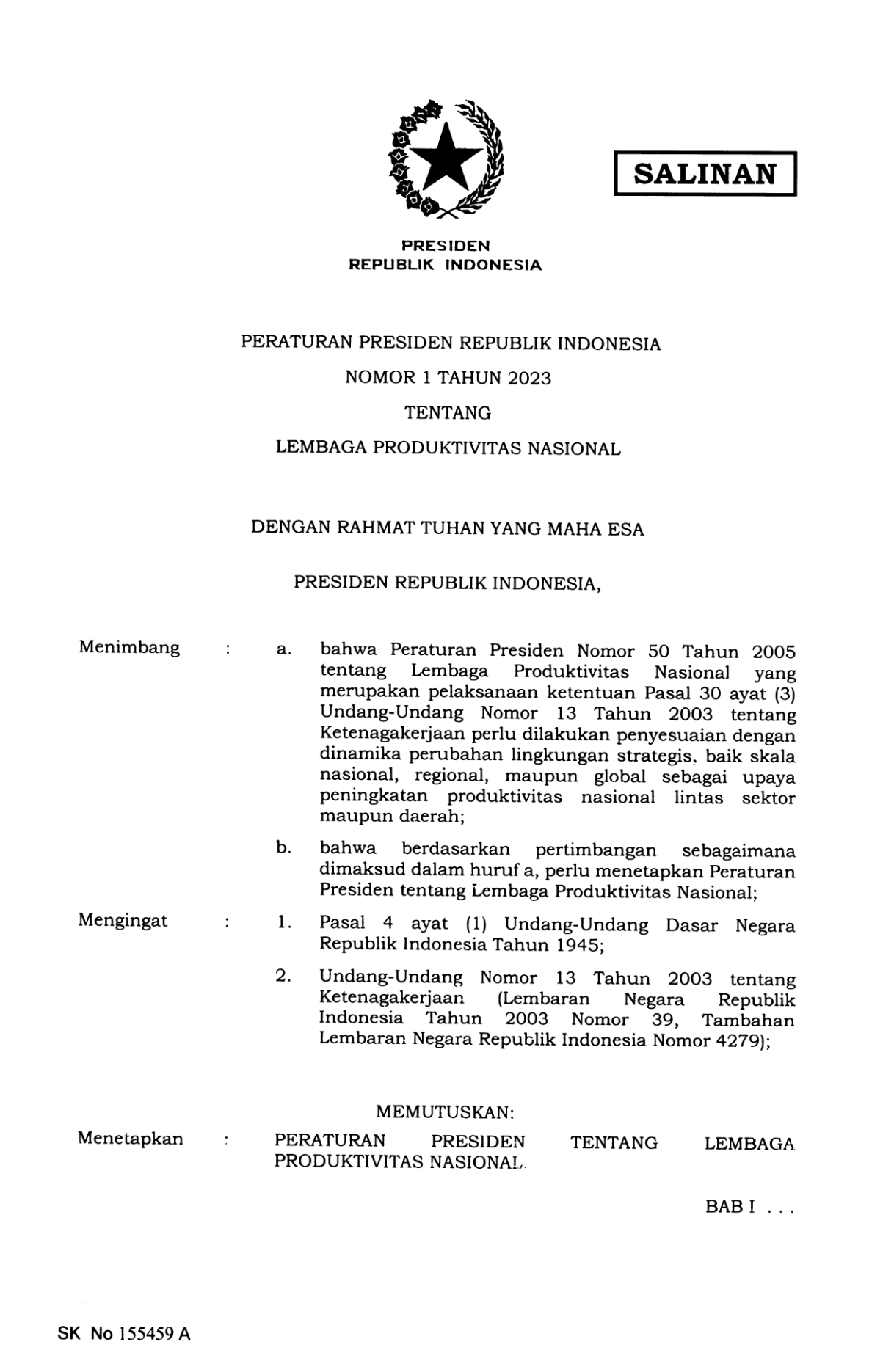Peraturan Presiden Nomor 1 Tahun 2023