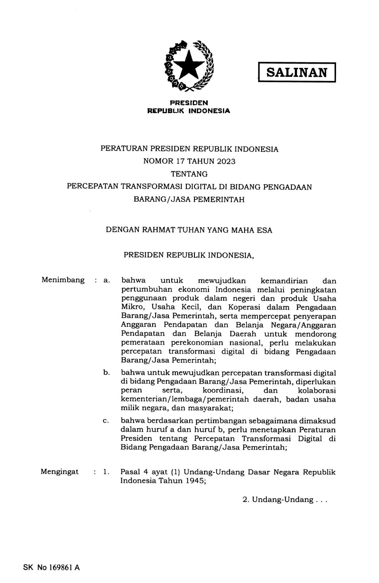 Peraturan Presiden Nomor 17 Tahun 2023