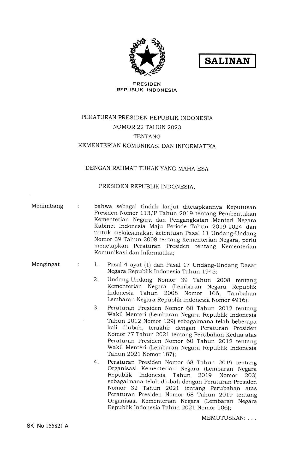 Peraturan Presiden Nomor 22 Tahun 2023