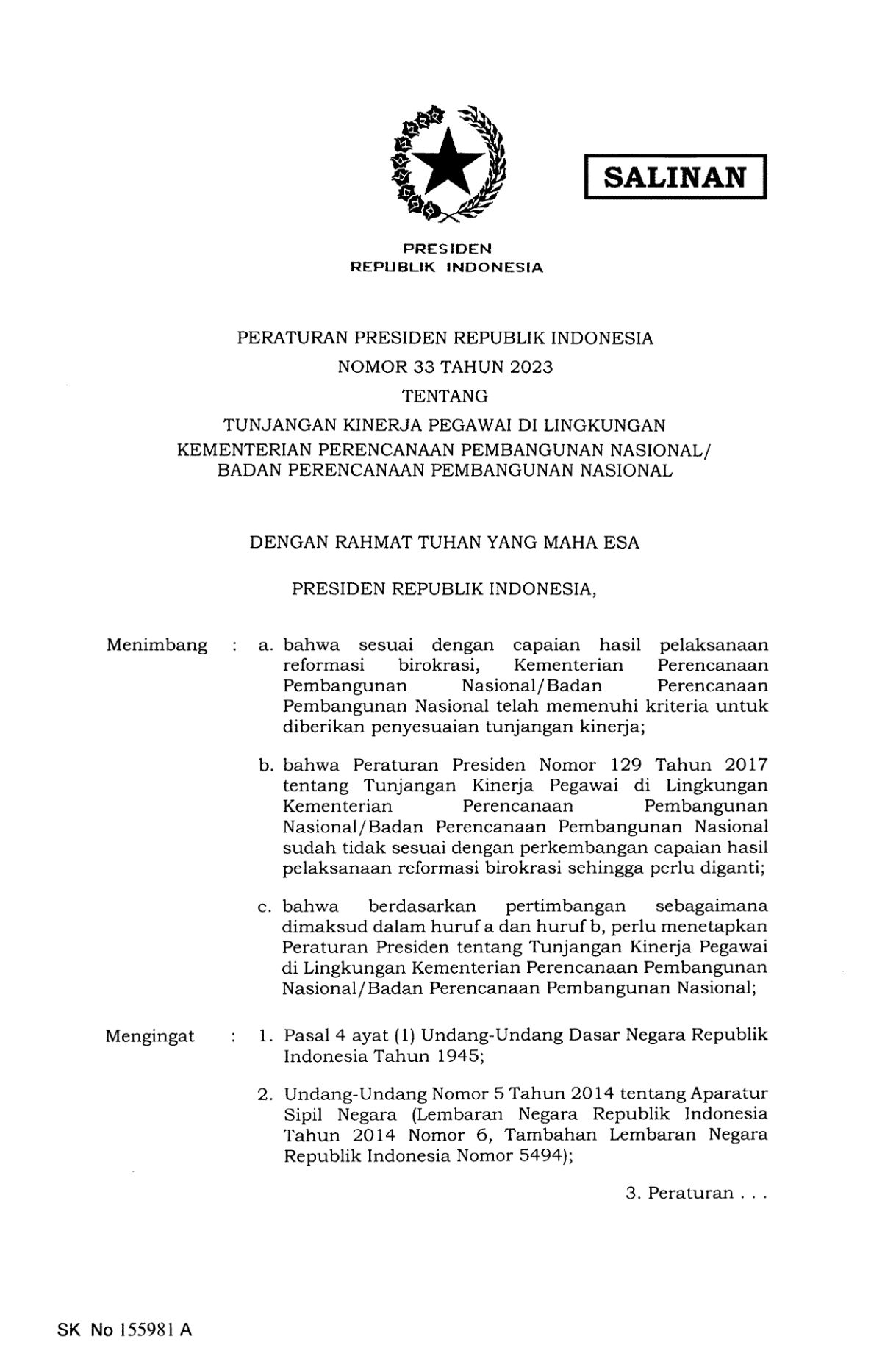 Peraturan Presiden Nomor 33 Tahun 2023