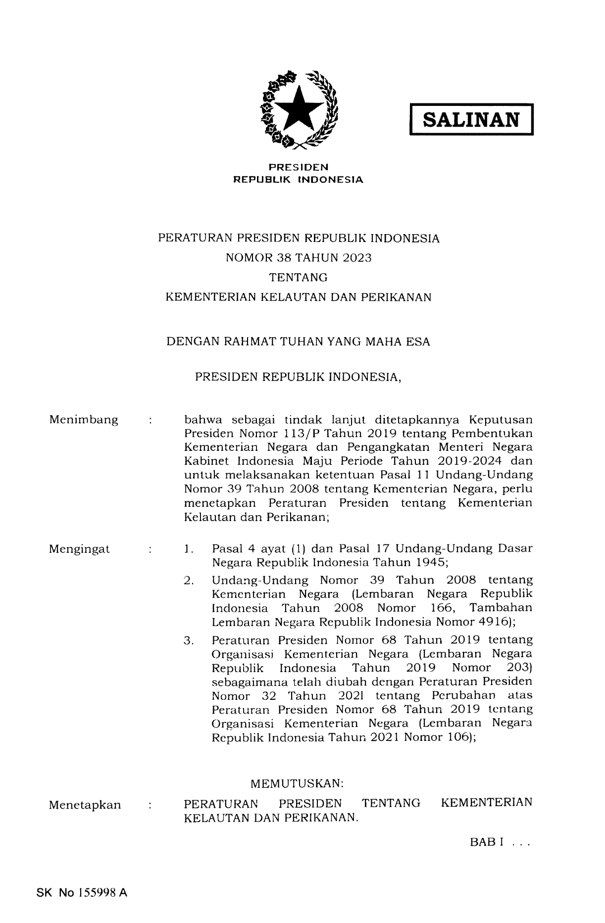 Peraturan Presiden Nomor 38 Tahun 2023