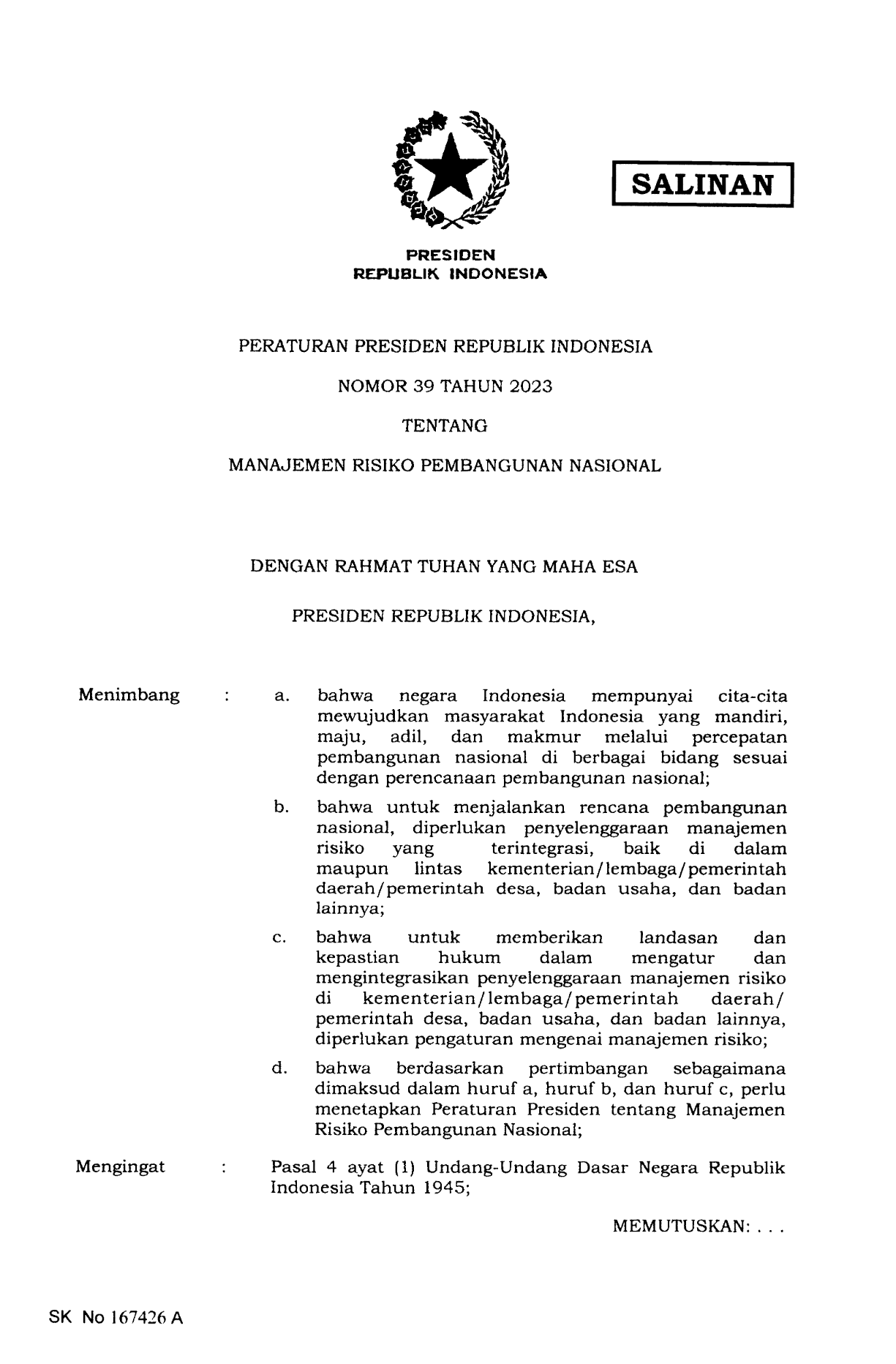 Peraturan Presiden Nomor 39 Tahun 2023