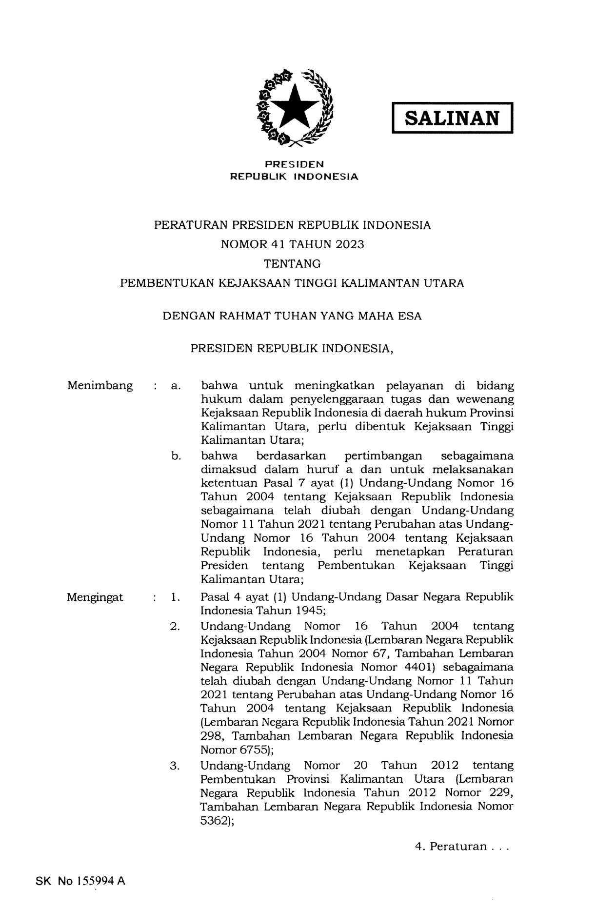 Peraturan Presiden Nomor 41 Tahun 2023