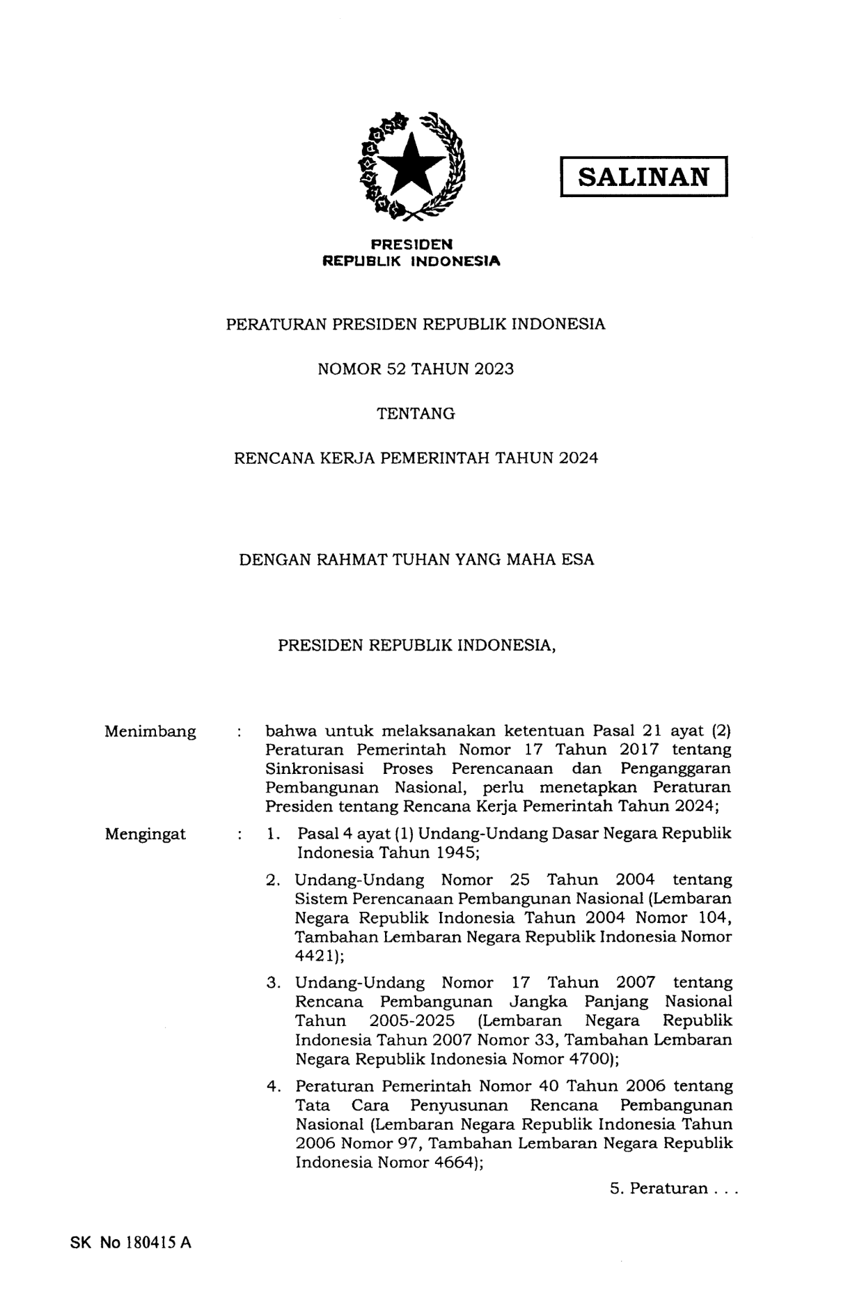 Peraturan Presiden Nomor 52 Tahun 2023