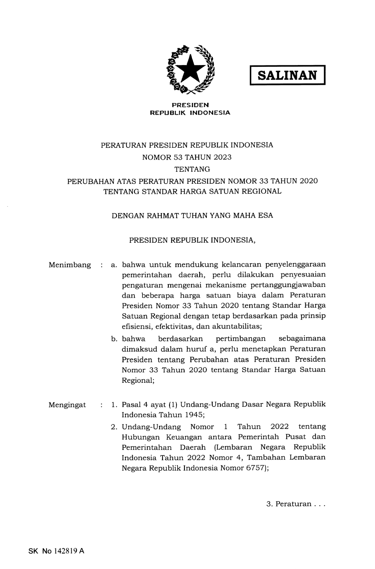 Peraturan Presiden Nomor 53 Tahun 2023