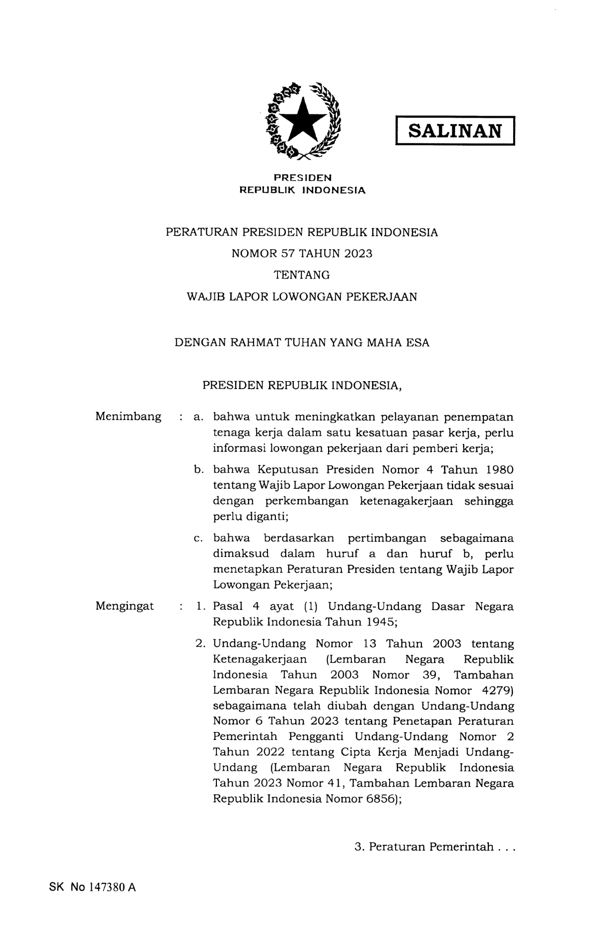 Peraturan Presiden Nomor 57 Tahun 2023