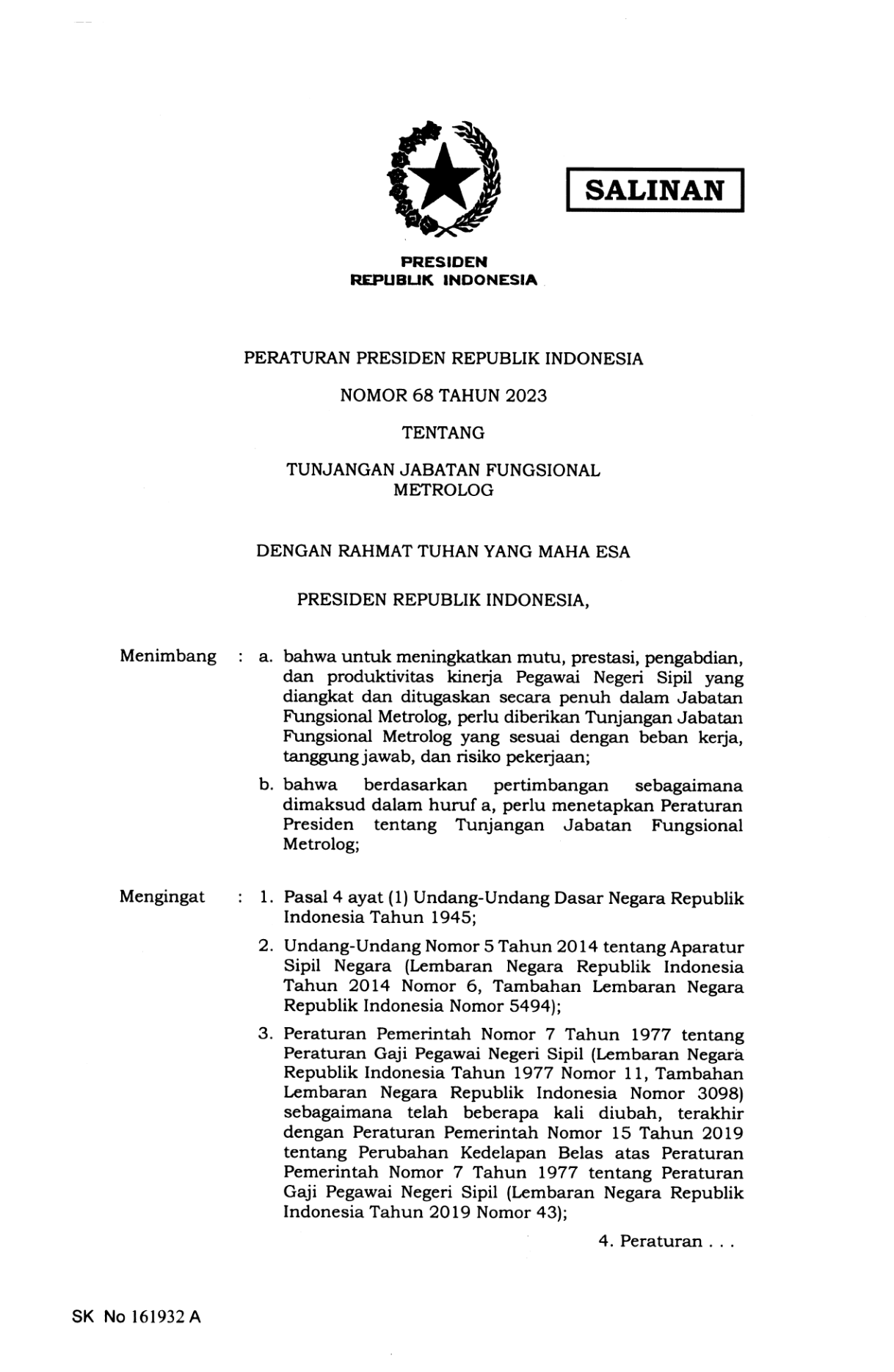 Peraturan Presiden Nomor 68 Tahun 2023