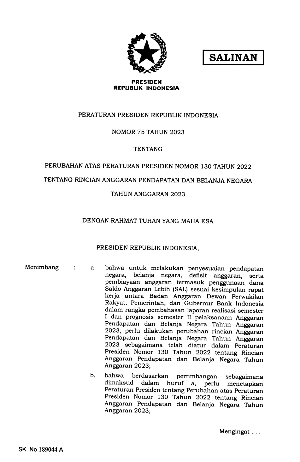 Peraturan Presiden Nomor 75 Tahun 2023