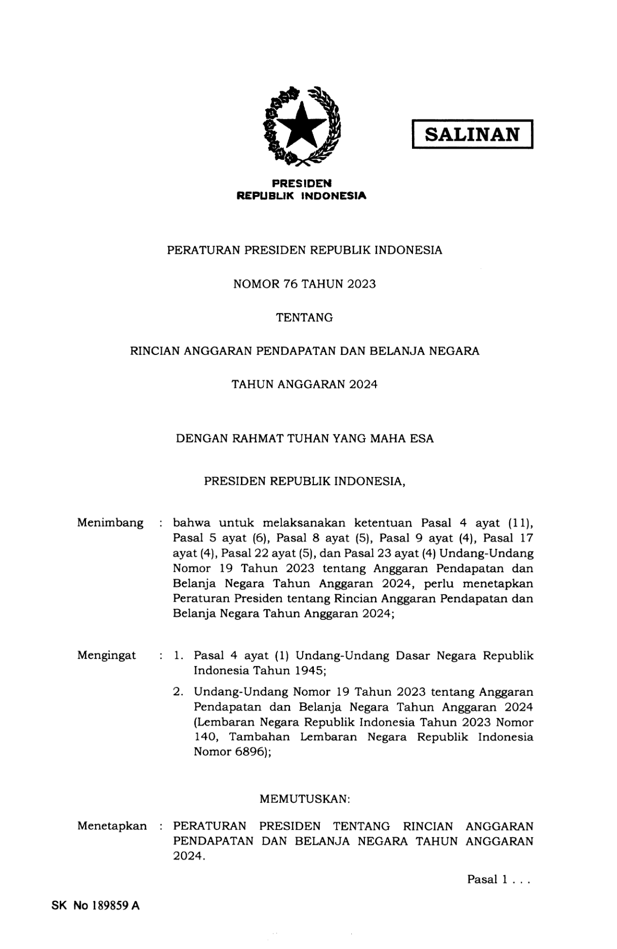 Peraturan Presiden Nomor 76 Tahun 2023