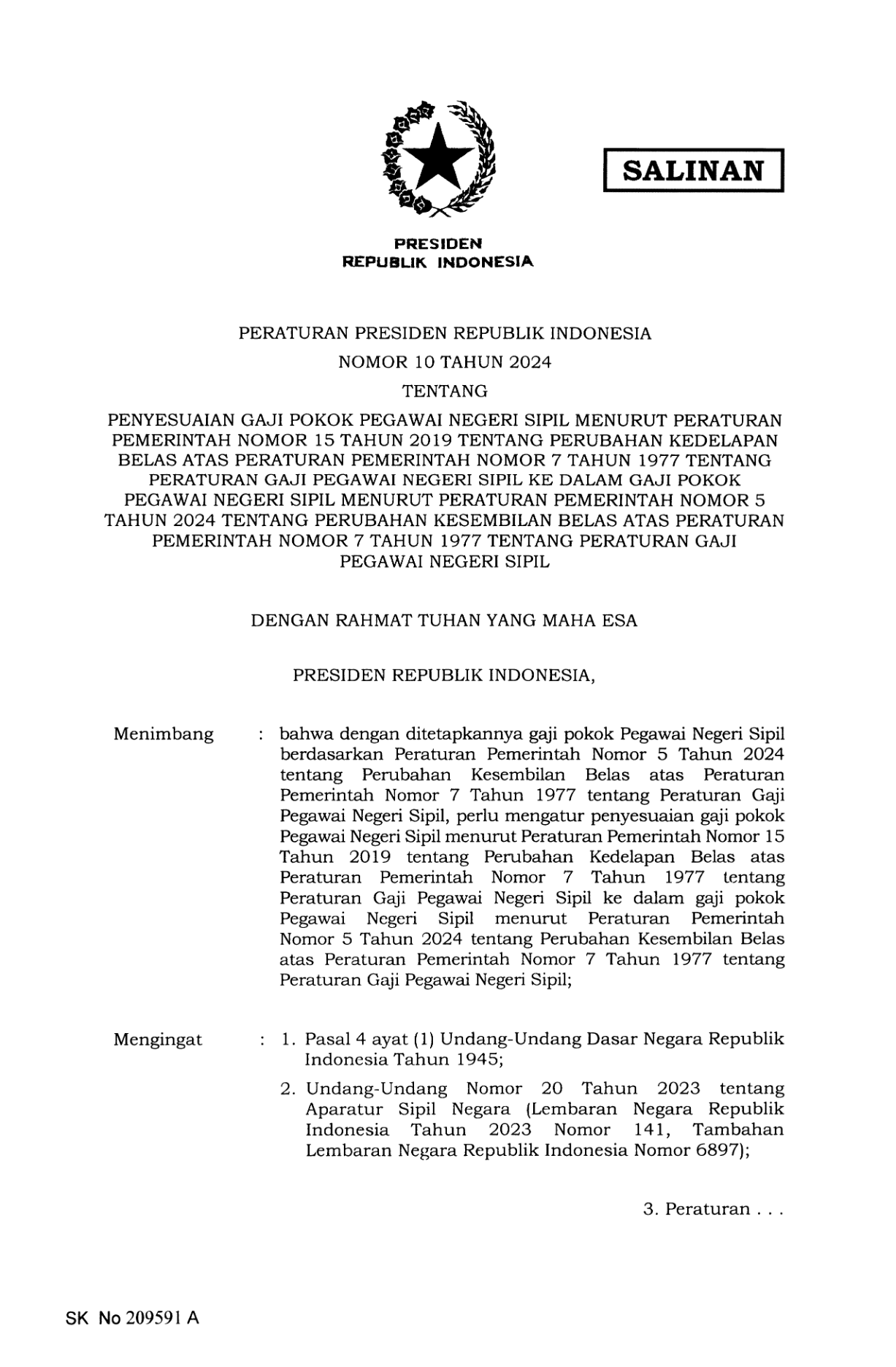 Peraturan Presiden Nomor 10 Tahun 2024