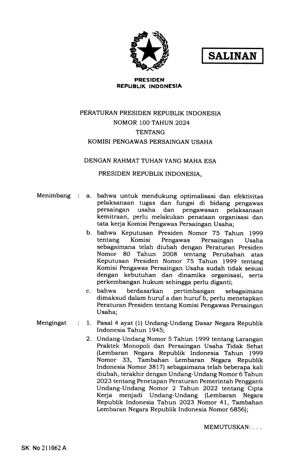 Peraturan Presiden Nomor 100 Tahun 2024