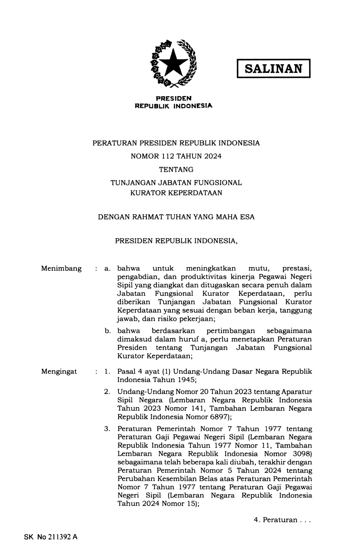 Peraturan Presiden Nomor 112 Tahun 2024