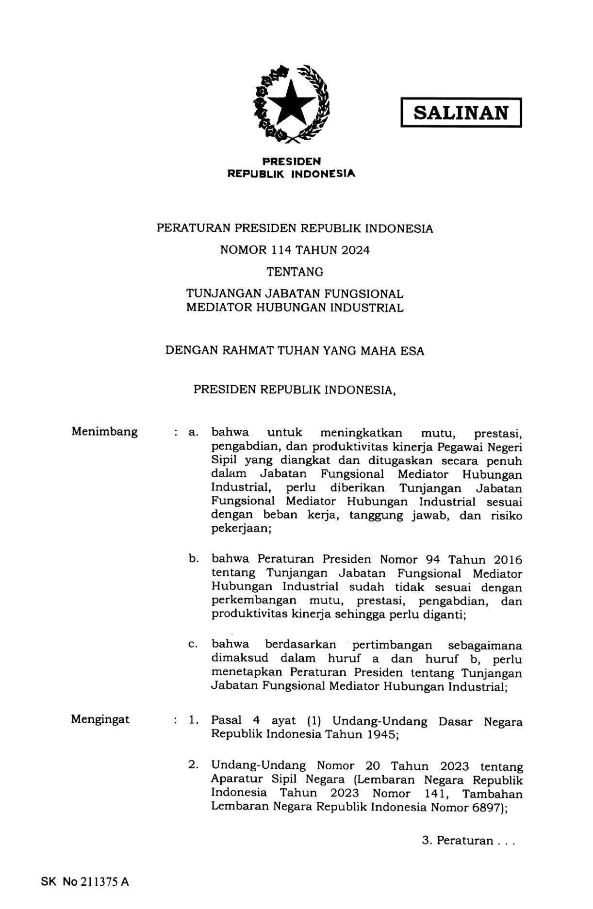 Peraturan Presiden Nomor 114 Tahun 2024