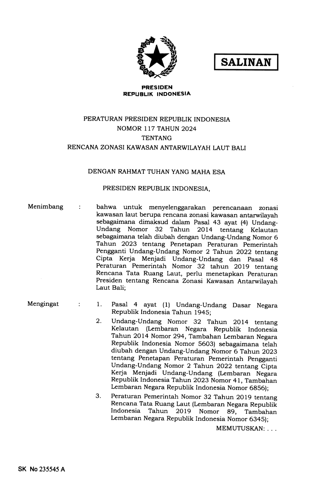 Peraturan Presiden Nomor 117 Tahun 2024