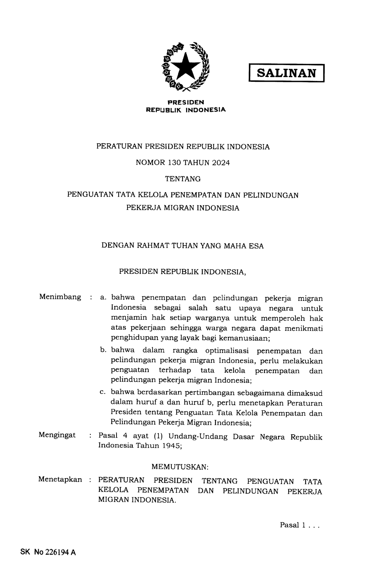 Peraturan Presiden Nomor 130 Tahun 2024