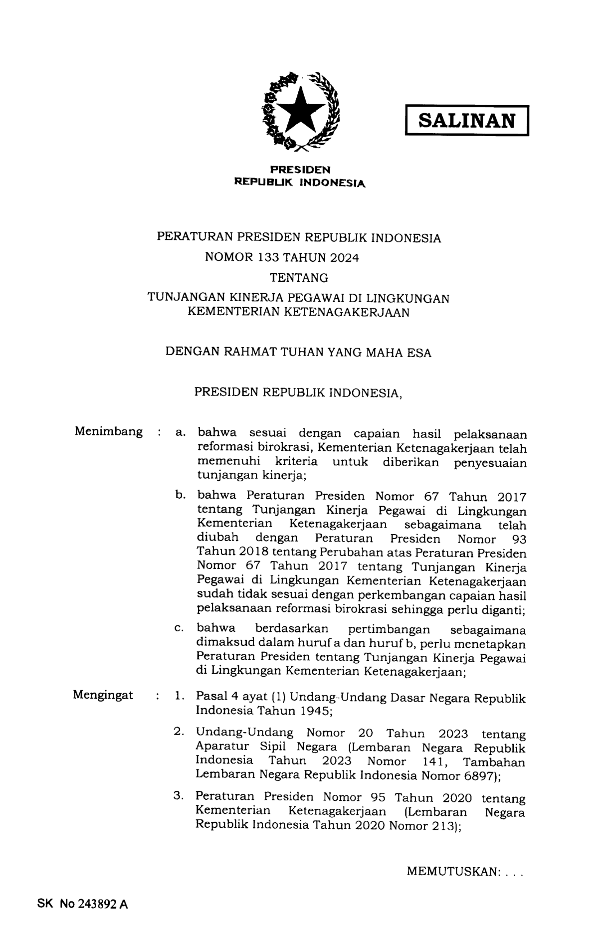 Peraturan Presiden Nomor 133 Tahun 2024