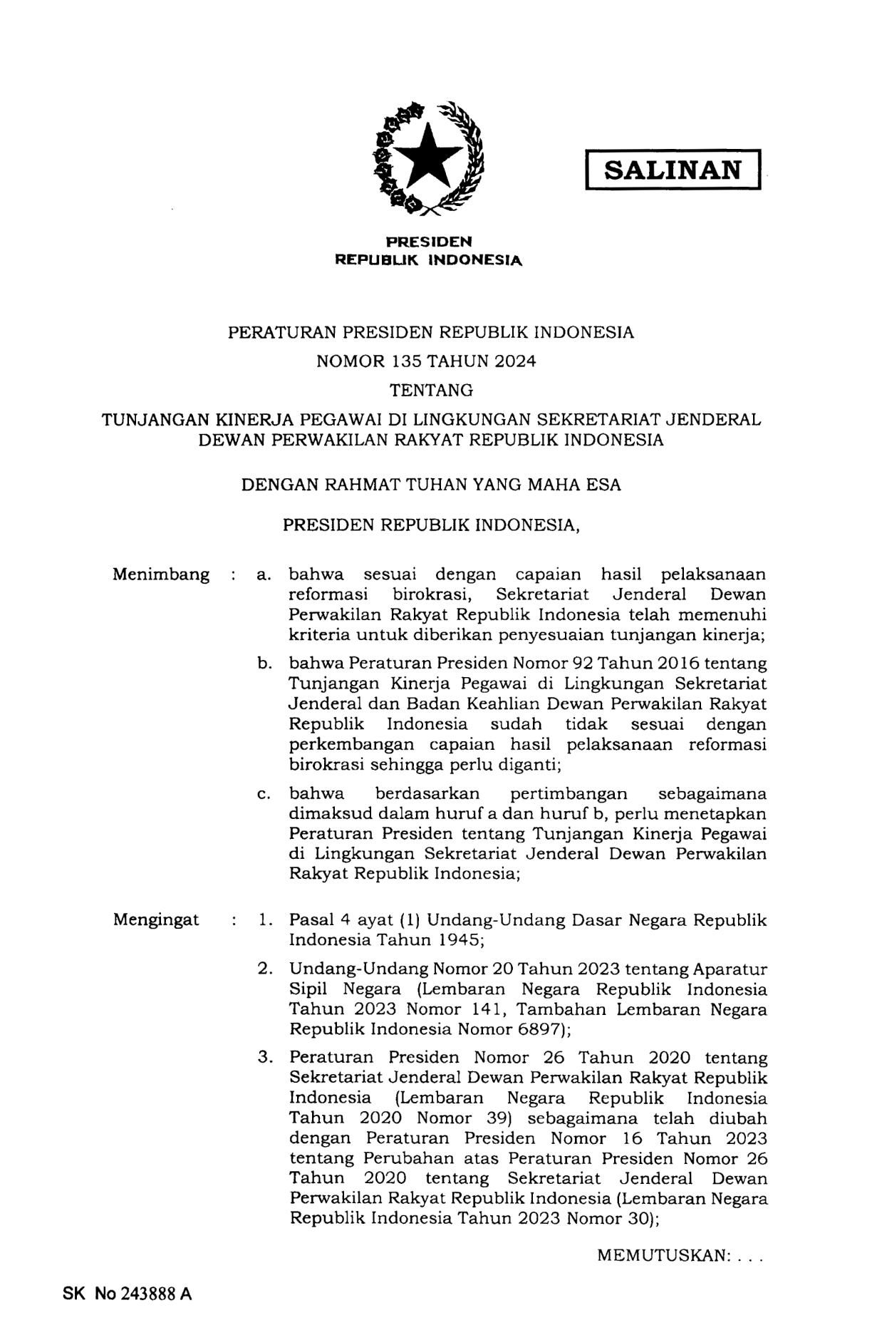 Peraturan Presiden Nomor 135 Tahun 2024