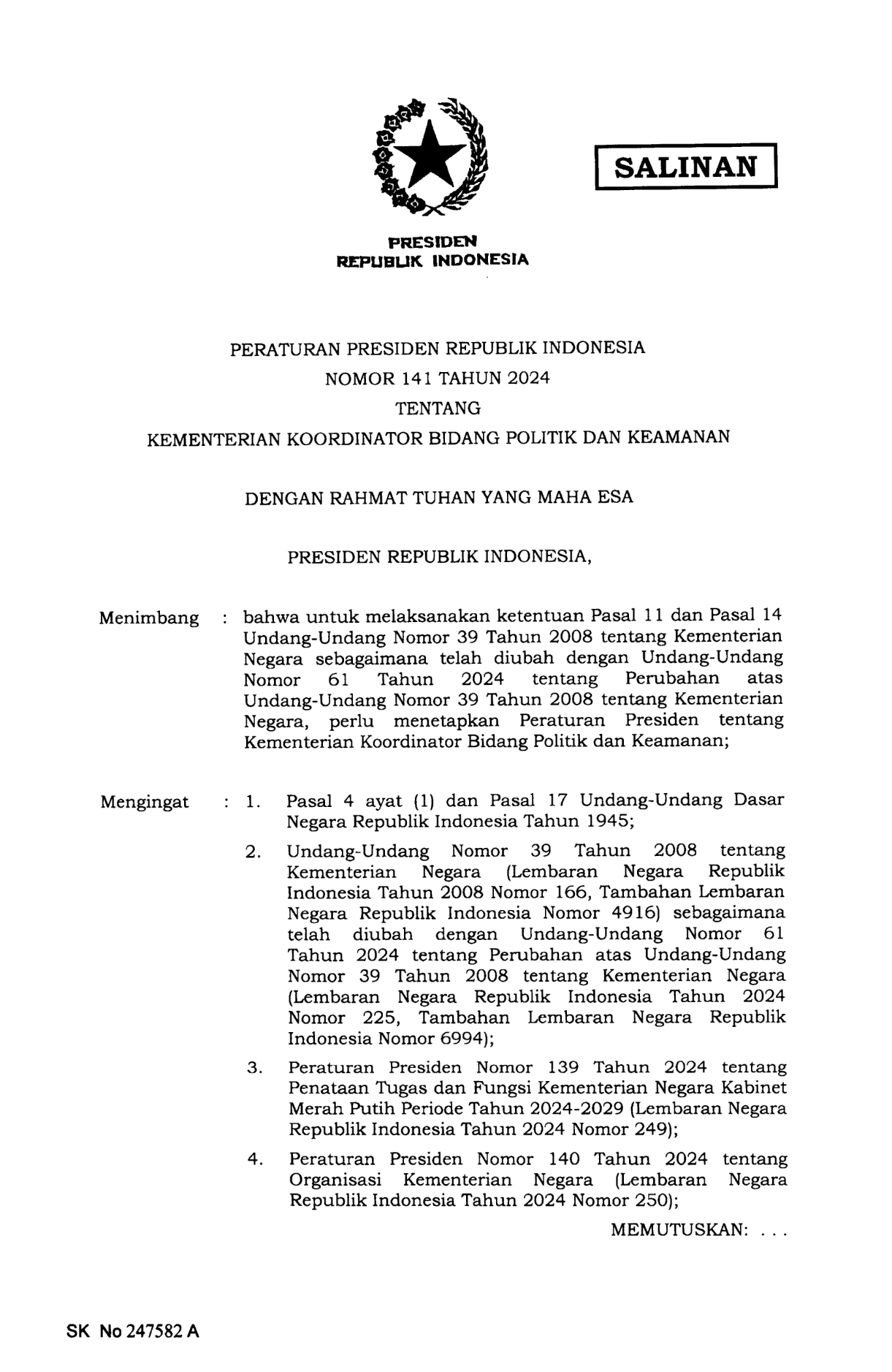 Peraturan Presiden Nomor 141 Tahun 2024