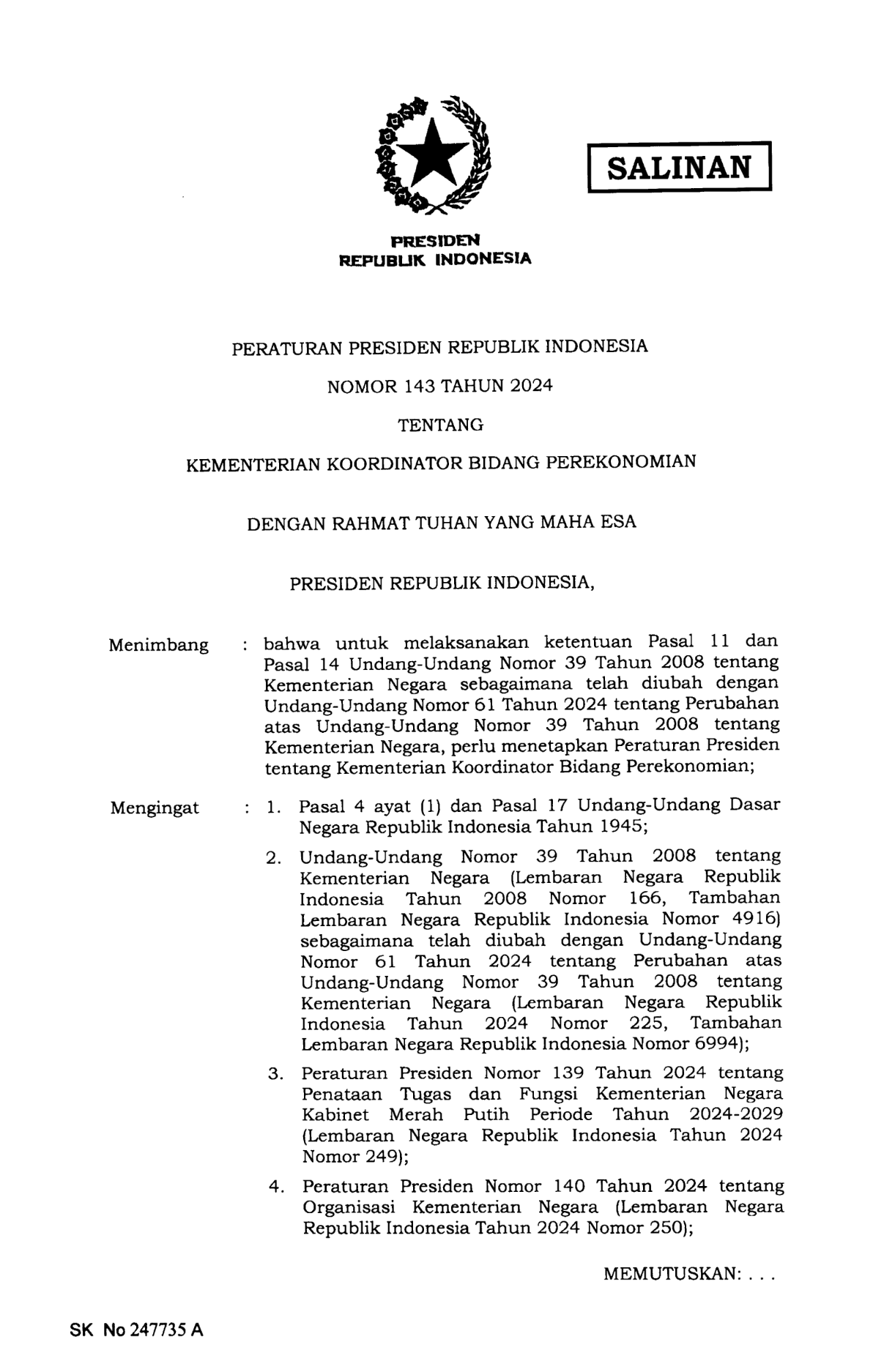 Peraturan Presiden Nomor 143 Tahun 2024