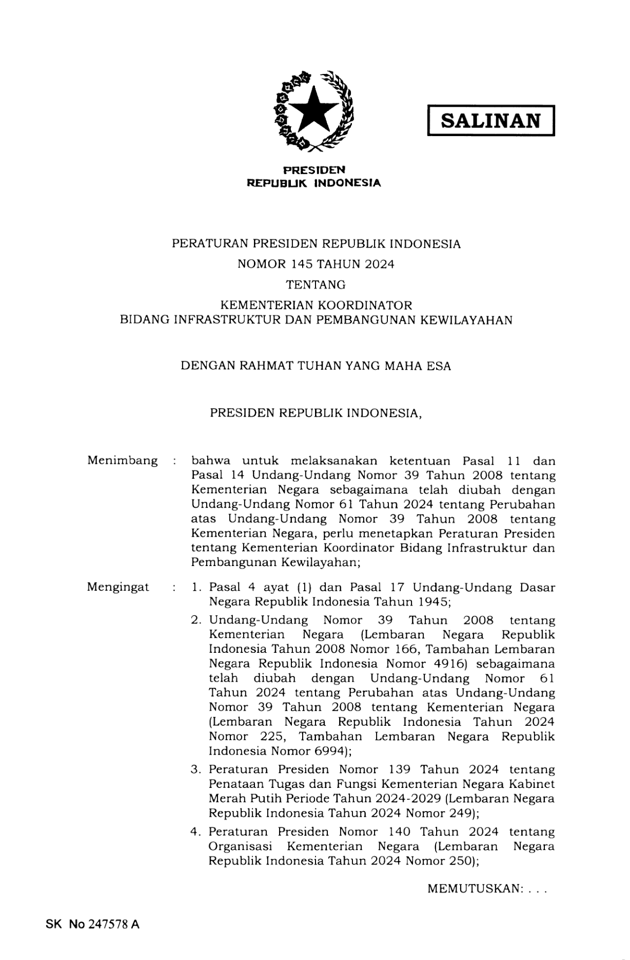 Peraturan Presiden Nomor 145 Tahun 2024