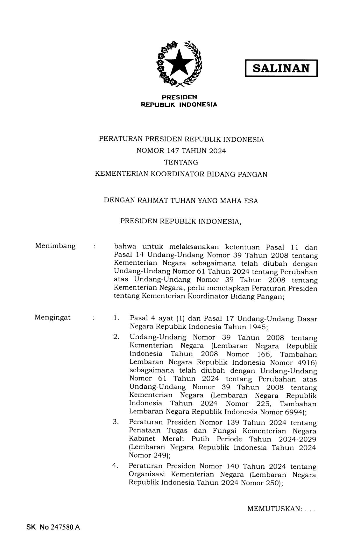 Peraturan Presiden Nomor 147 Tahun 2024