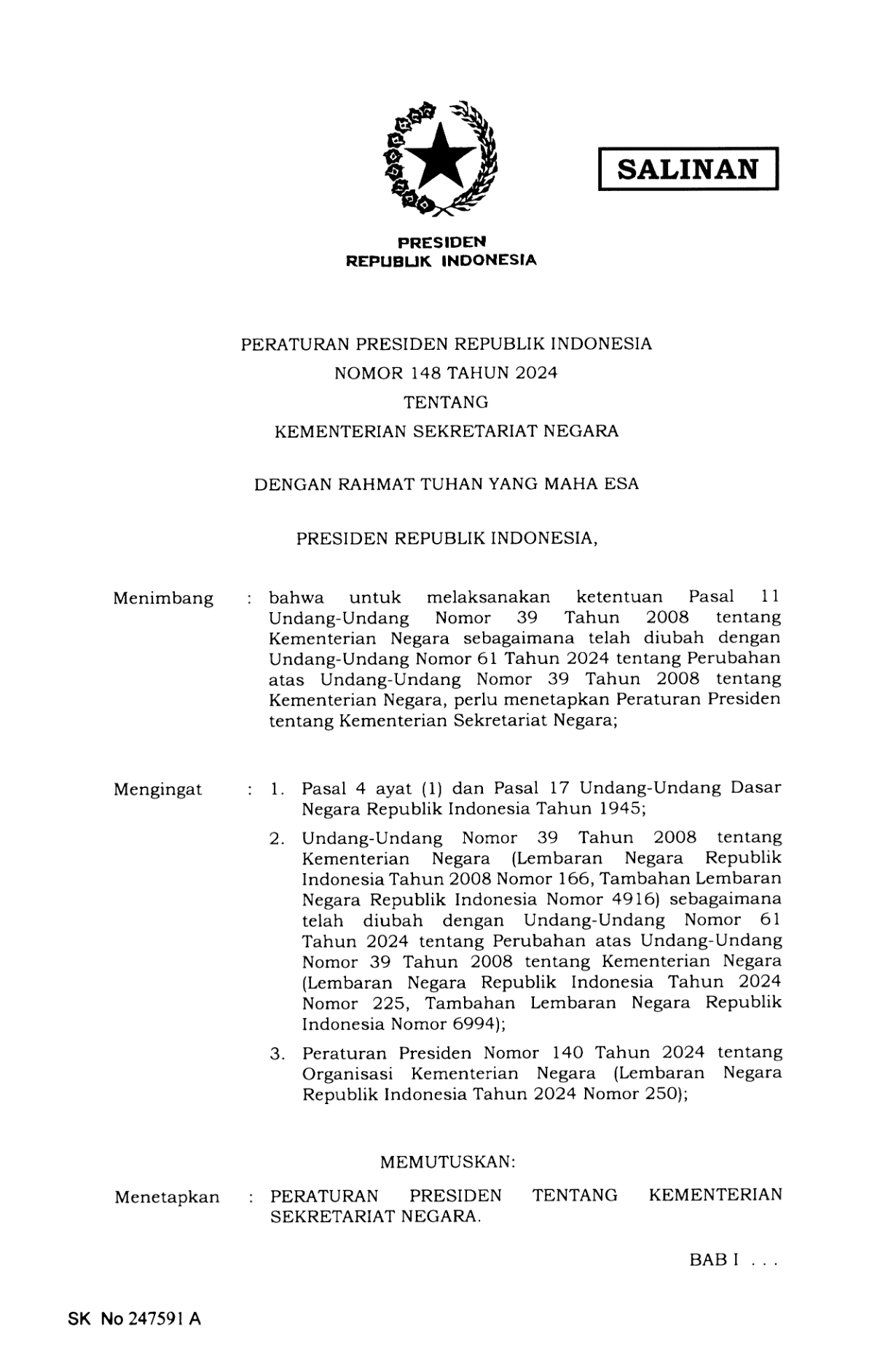 Peraturan Presiden Nomor 148 Tahun 2024