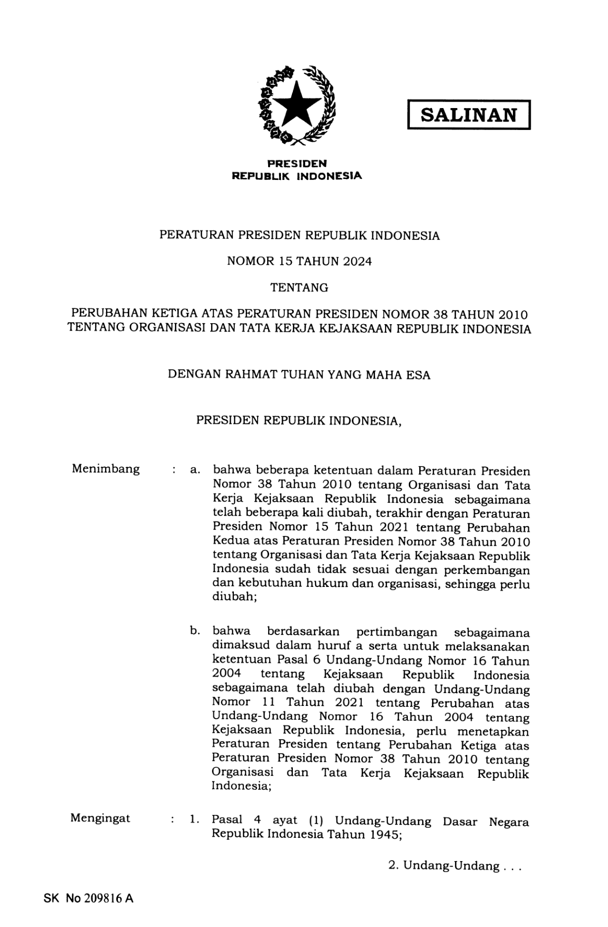 Peraturan Presiden Nomor 15 Tahun 2024