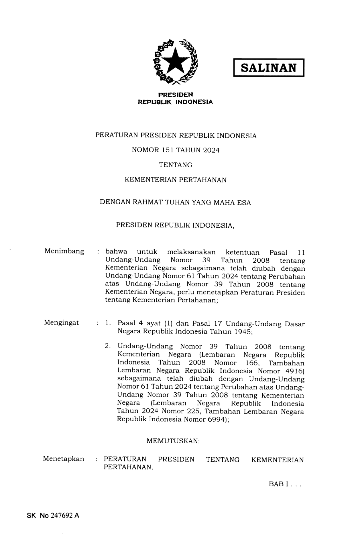 Peraturan Presiden Nomor 151 Tahun 2024