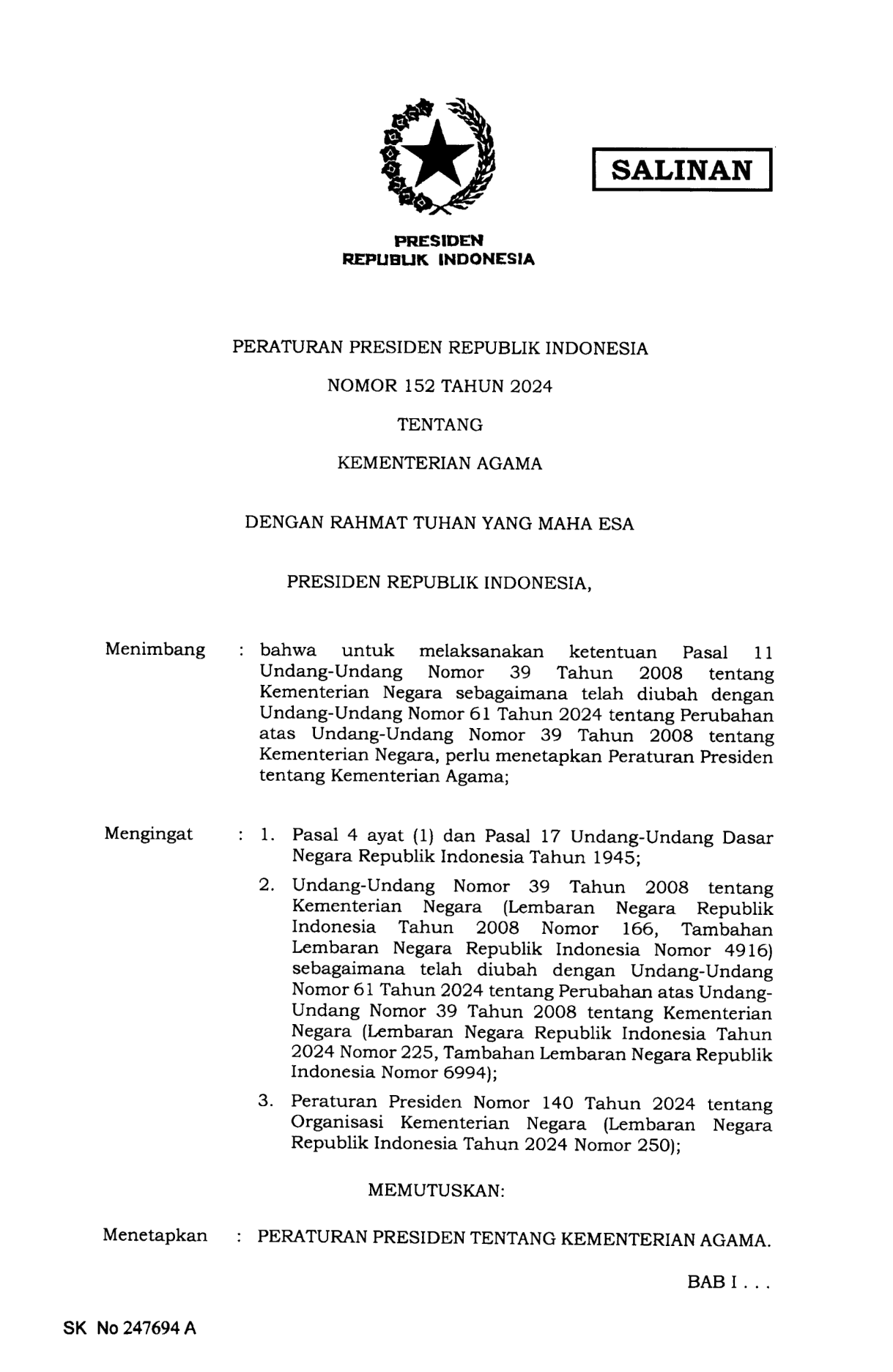 Peraturan Presiden Nomor 152 Tahun 2024