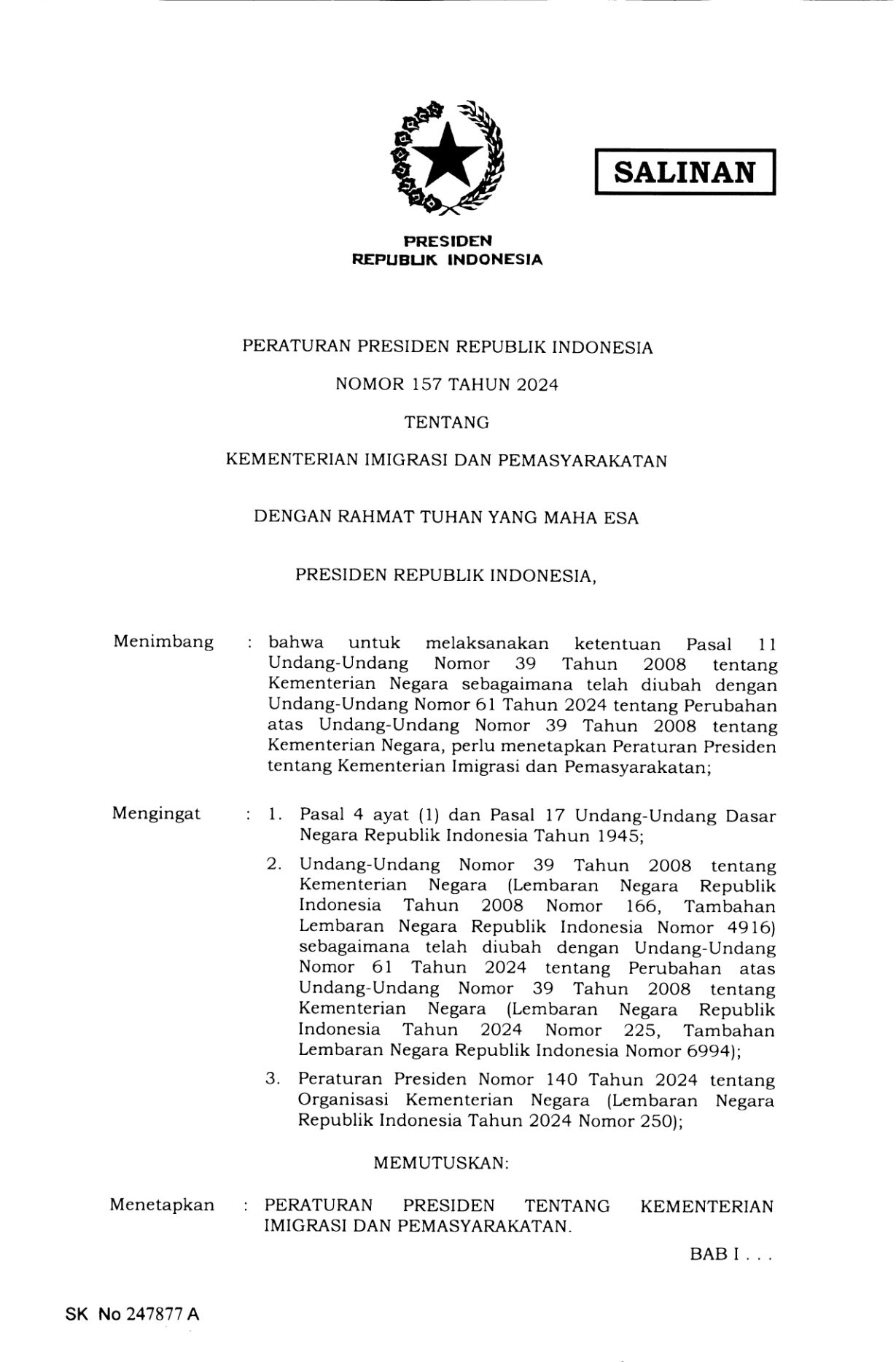 Peraturan Presiden Nomor 157 Tahun 2024