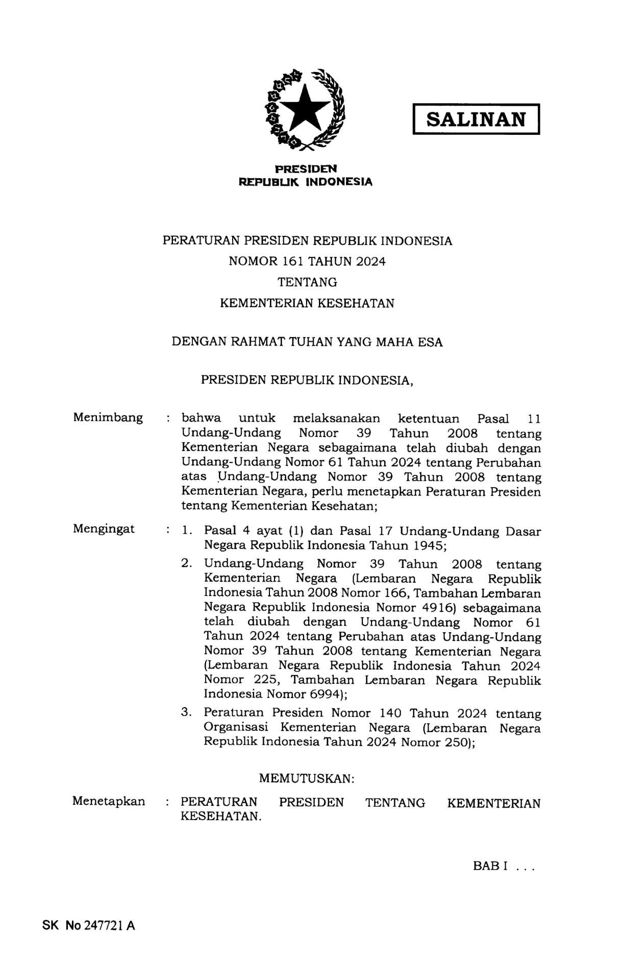 Peraturan Presiden Nomor 161 Tahun 2024