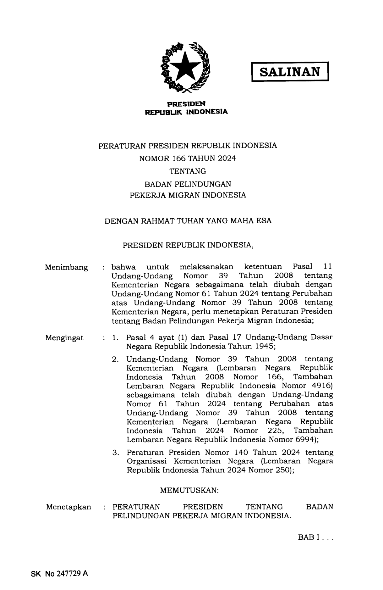Peraturan Presiden Nomor 166 Tahun 2024