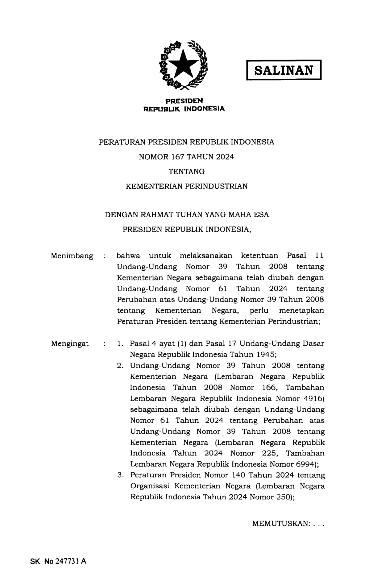 Peraturan Presiden Nomor 167 Tahun 2024