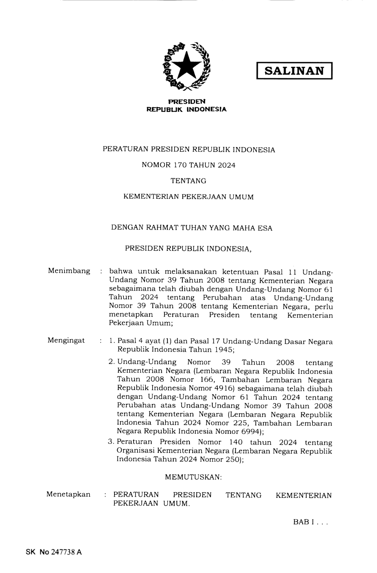 Peraturan Presiden Nomor 170 Tahun 2024