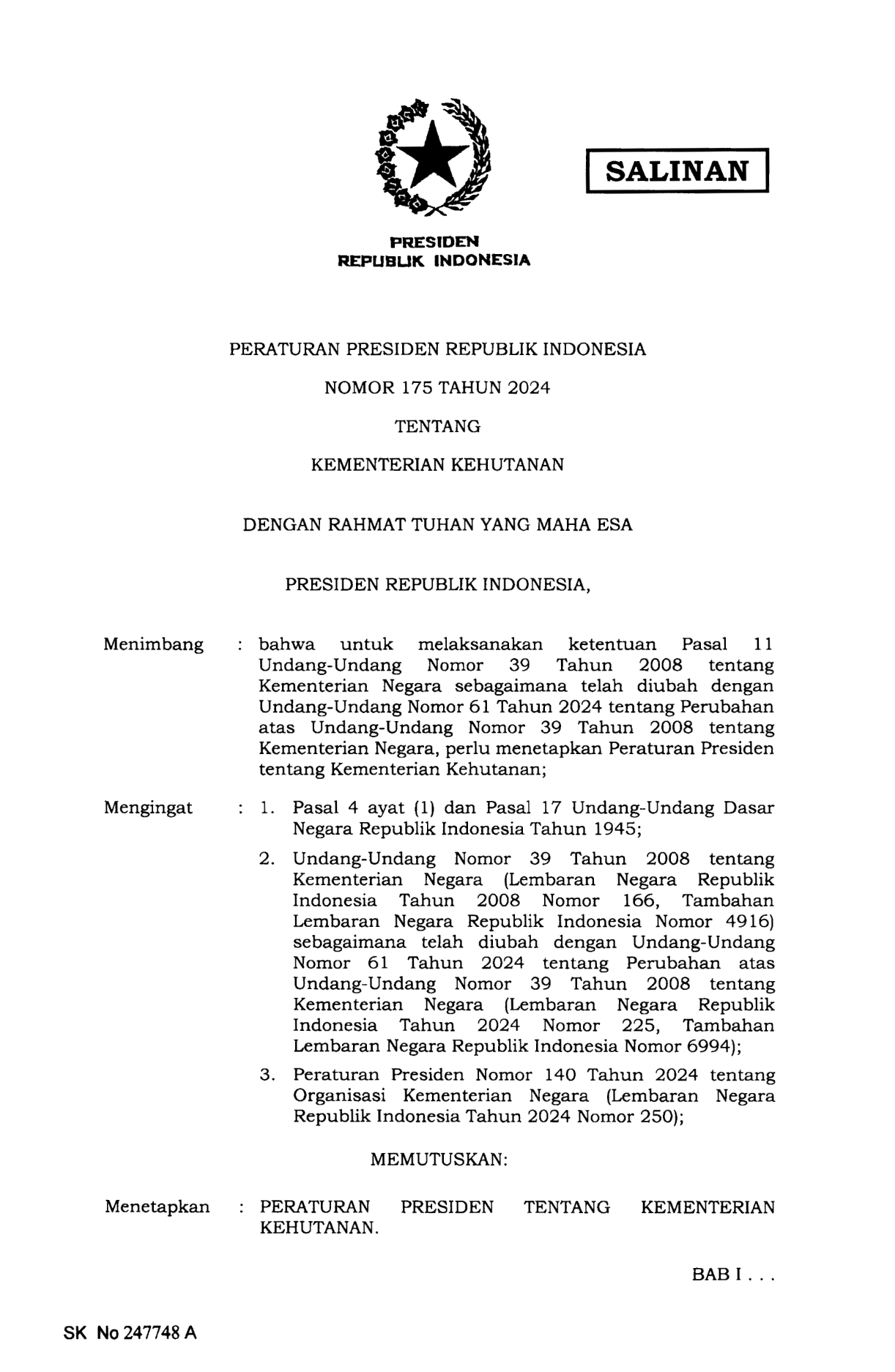 Peraturan Presiden Nomor 175 Tahun 2024