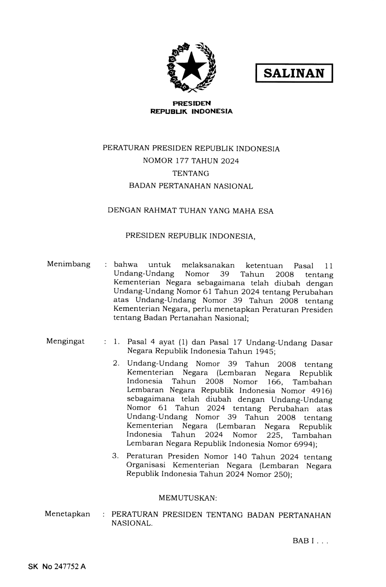 Peraturan Presiden Nomor 177 Tahun 2024