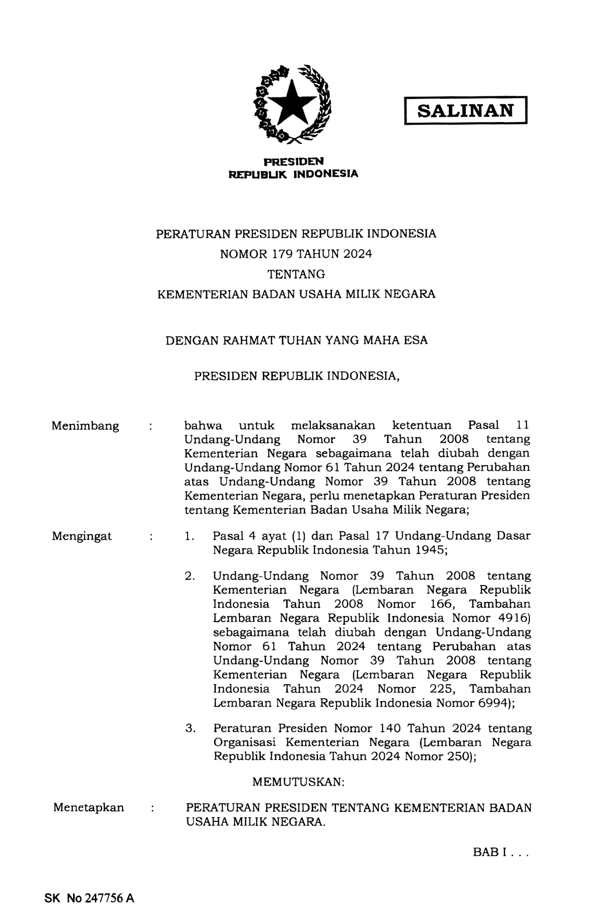 Peraturan Presiden Nomor 179 Tahun 2024