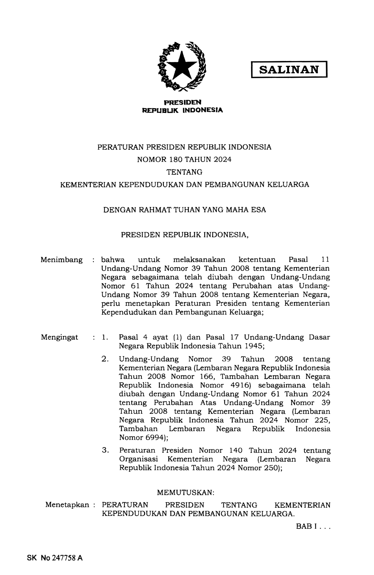 Peraturan Presiden Nomor 180 Tahun 2024