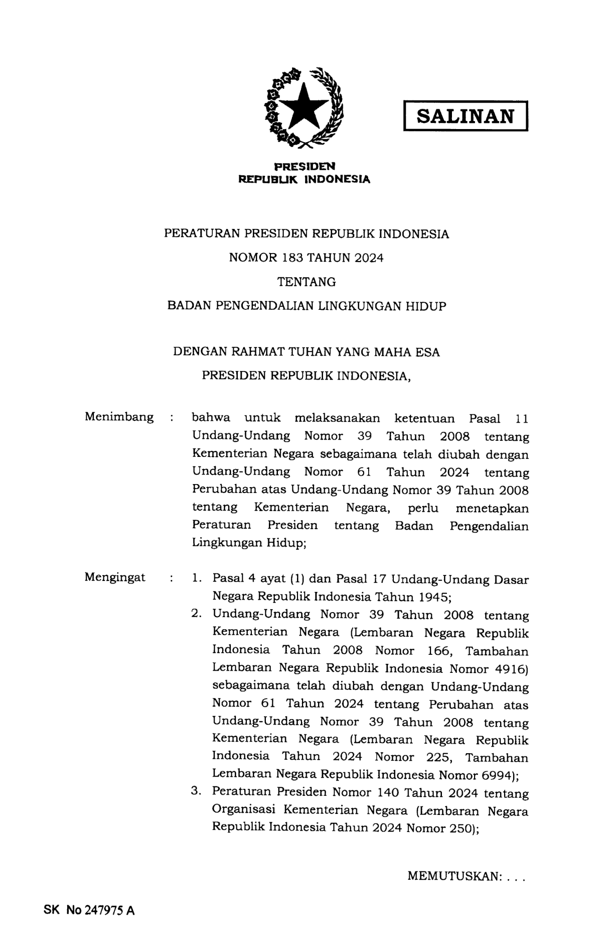 Peraturan Presiden Nomor 183 Tahun 2024