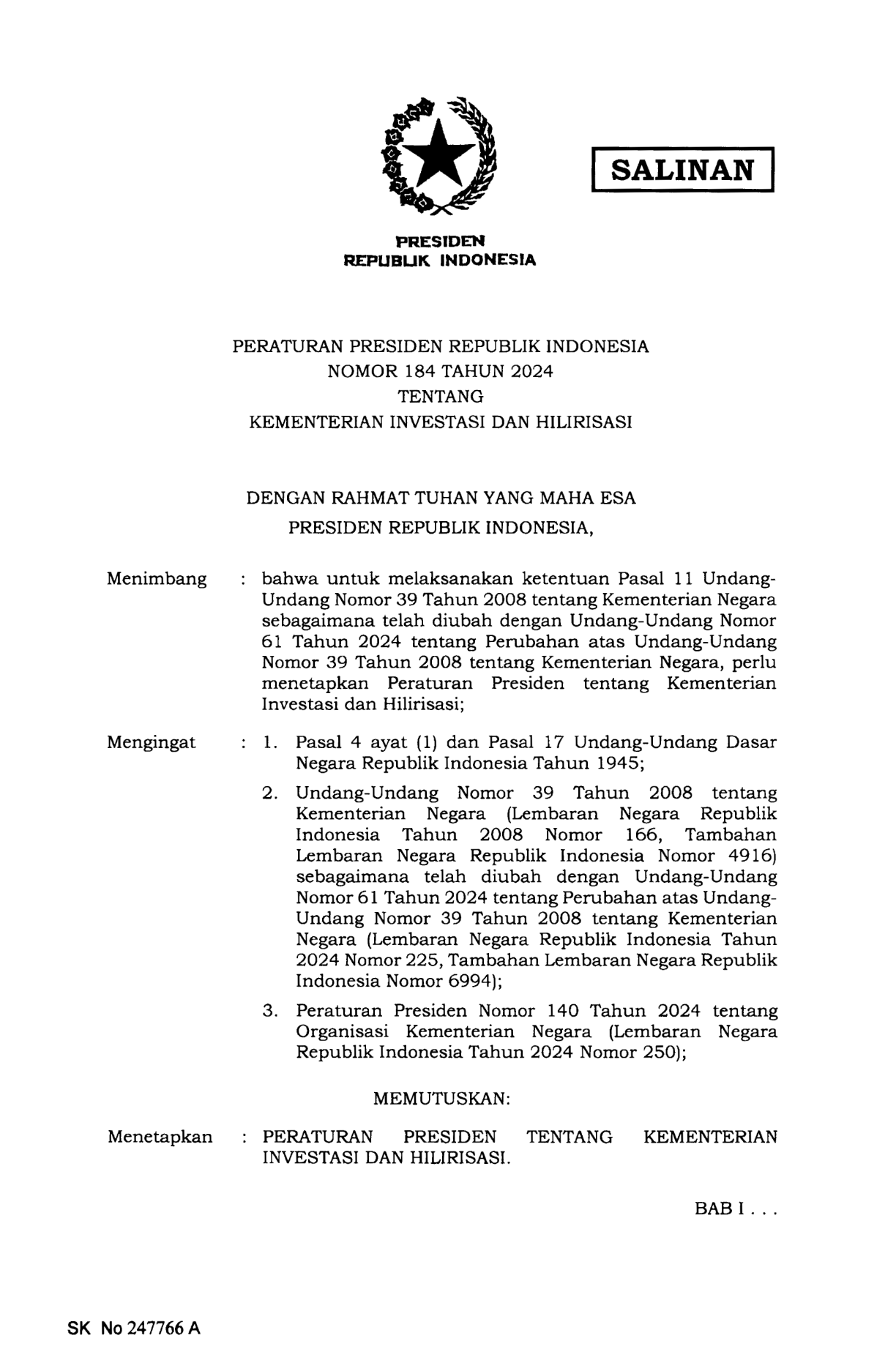Peraturan Presiden Nomor 184 Tahun 2024