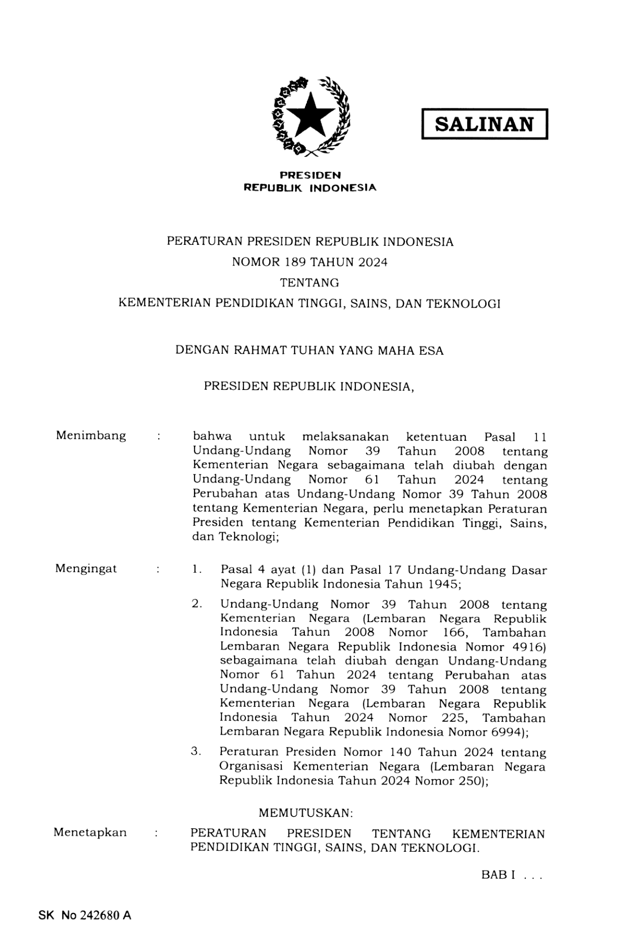 Peraturan Presiden Nomor 189 Tahun 2024