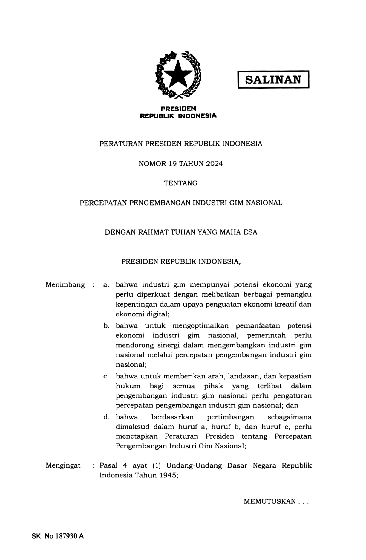 Peraturan Presiden Nomor 19 Tahun 2024