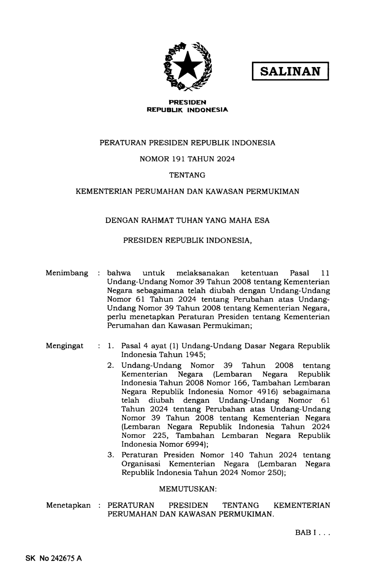 Peraturan Presiden Nomor 191 Tahun 2024