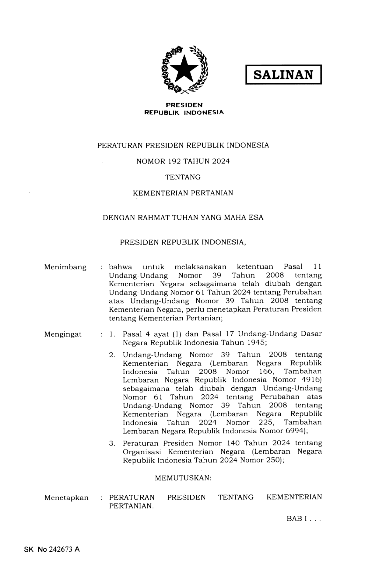 Peraturan Presiden Nomor 192 Tahun 2024