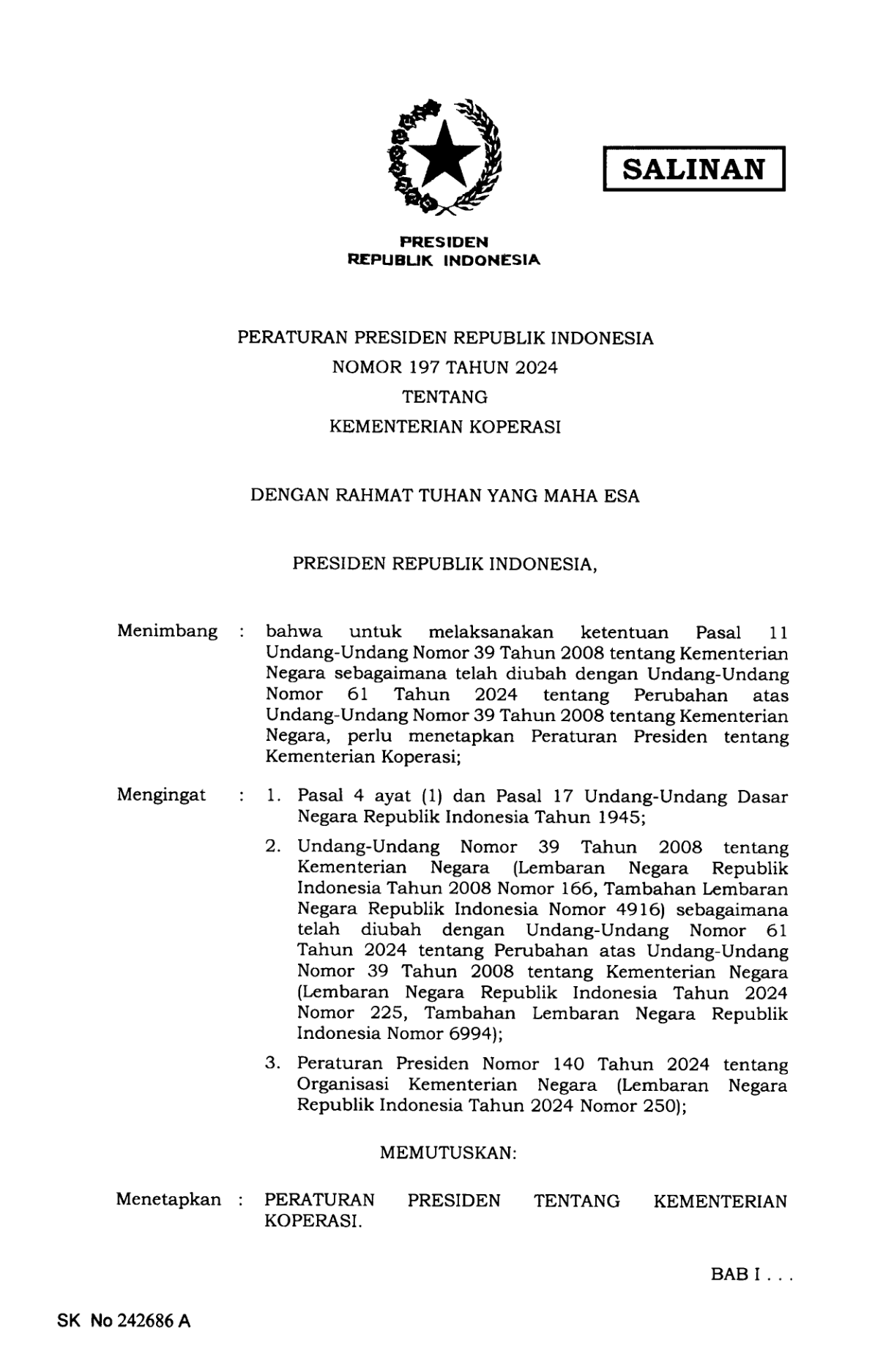 Peraturan Presiden Nomor 197 Tahun 2024