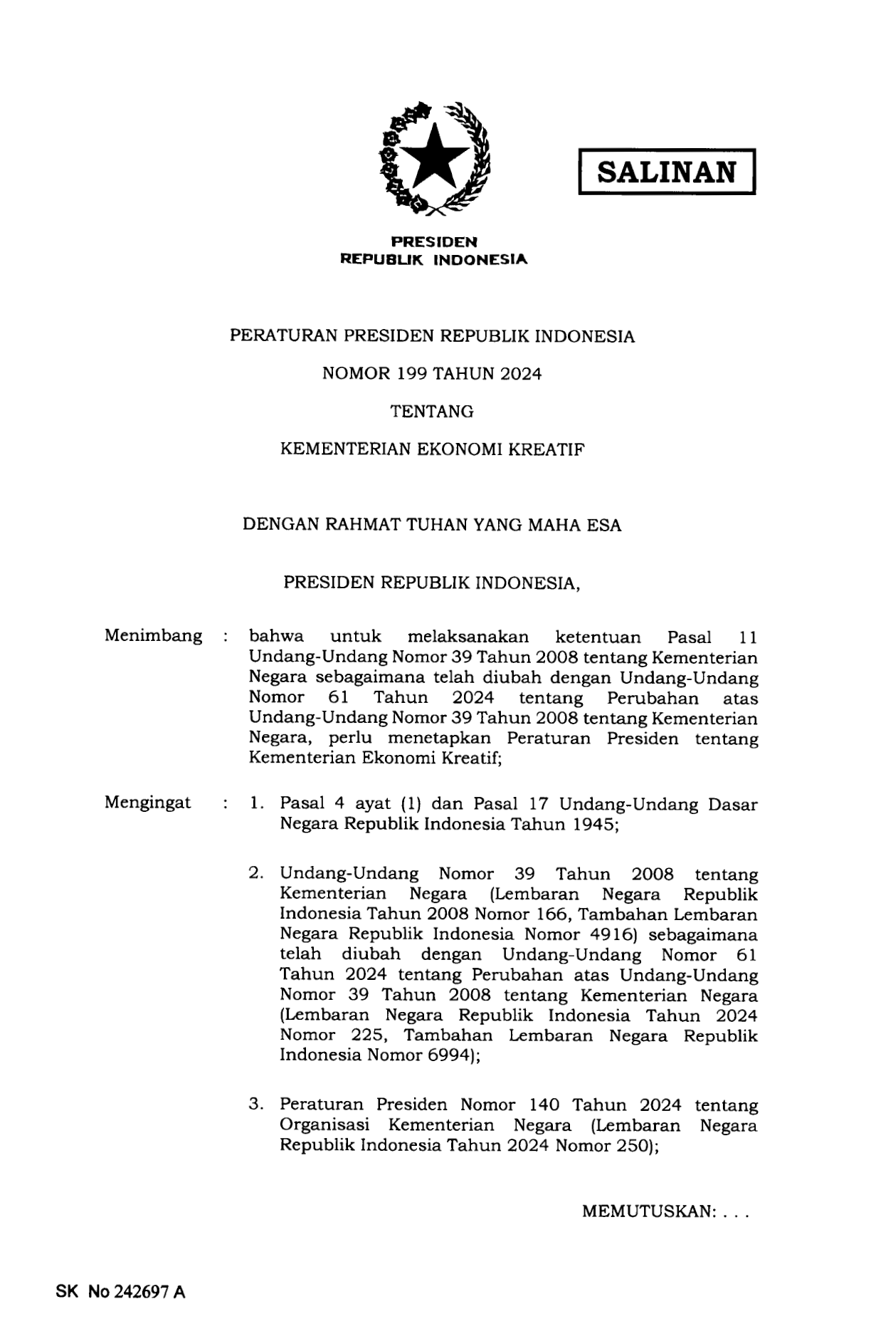Peraturan Presiden Nomor 199 Tahun 2024