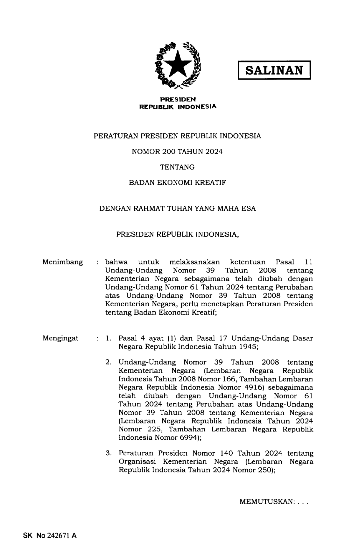 Peraturan Presiden Nomor 200 Tahun 2024