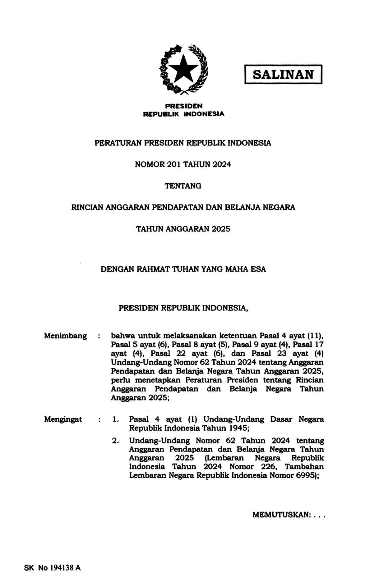 Peraturan Presiden Nomor 201 Tahun 2024