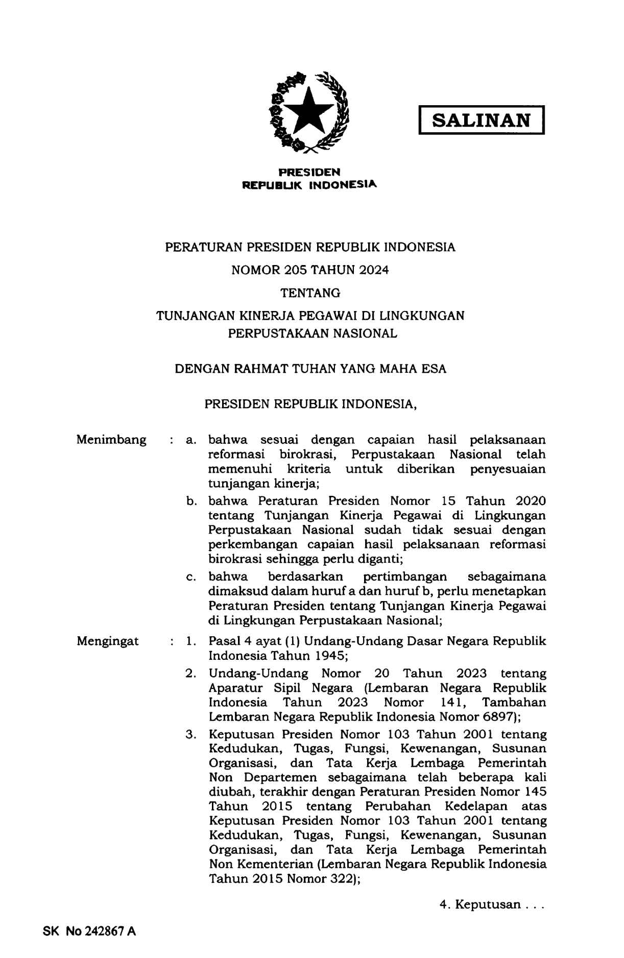 Peraturan Presiden Nomor 205 Tahun 2024