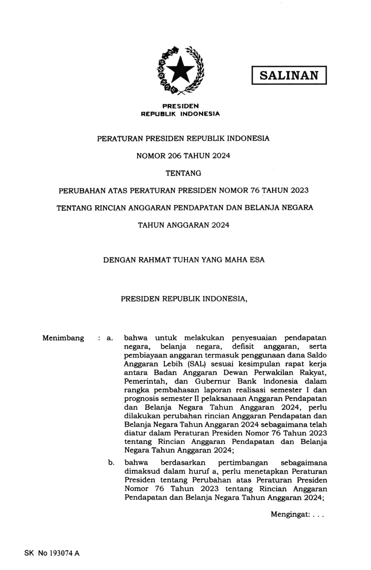 Peraturan Presiden Nomor 206 Tahun 2024